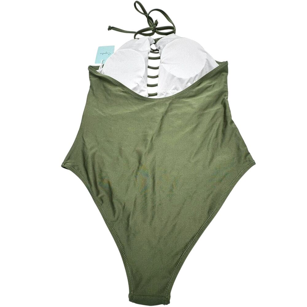 CUPSHE NWT Women's Large Green Halter Plunge Cut Outs‎ Padded One Piece Swimsuit - Picture 3 of 10